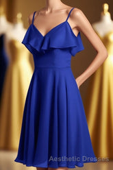 Royal Blue Spaghetti Straps Ruffled A-Line Short Bridesmaid Dresses